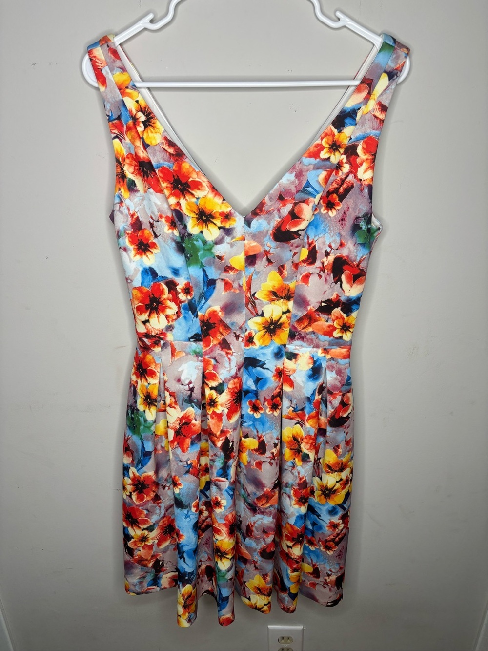 Betsey Johnson Floral V-Neck Fit-and-Flare Dress - Yellow, Red, Blue Size 8